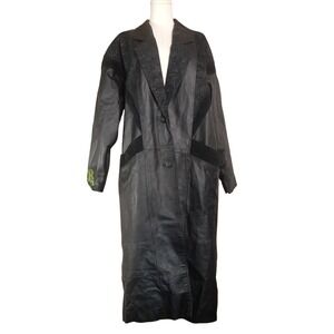 Vintage Comint Black Genuine Leather Lace Suede Long Trench Coat Jacket Womens L